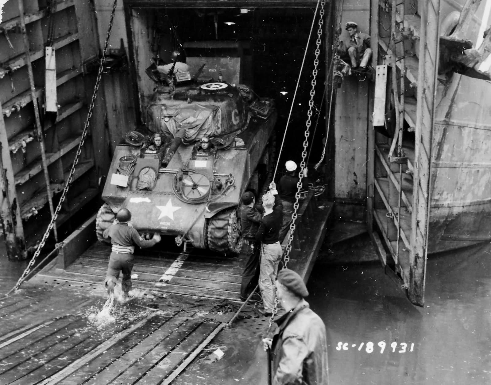 2nd_Armored_Division_M4_Sherman_Debarks_LST_Normandy_June_44