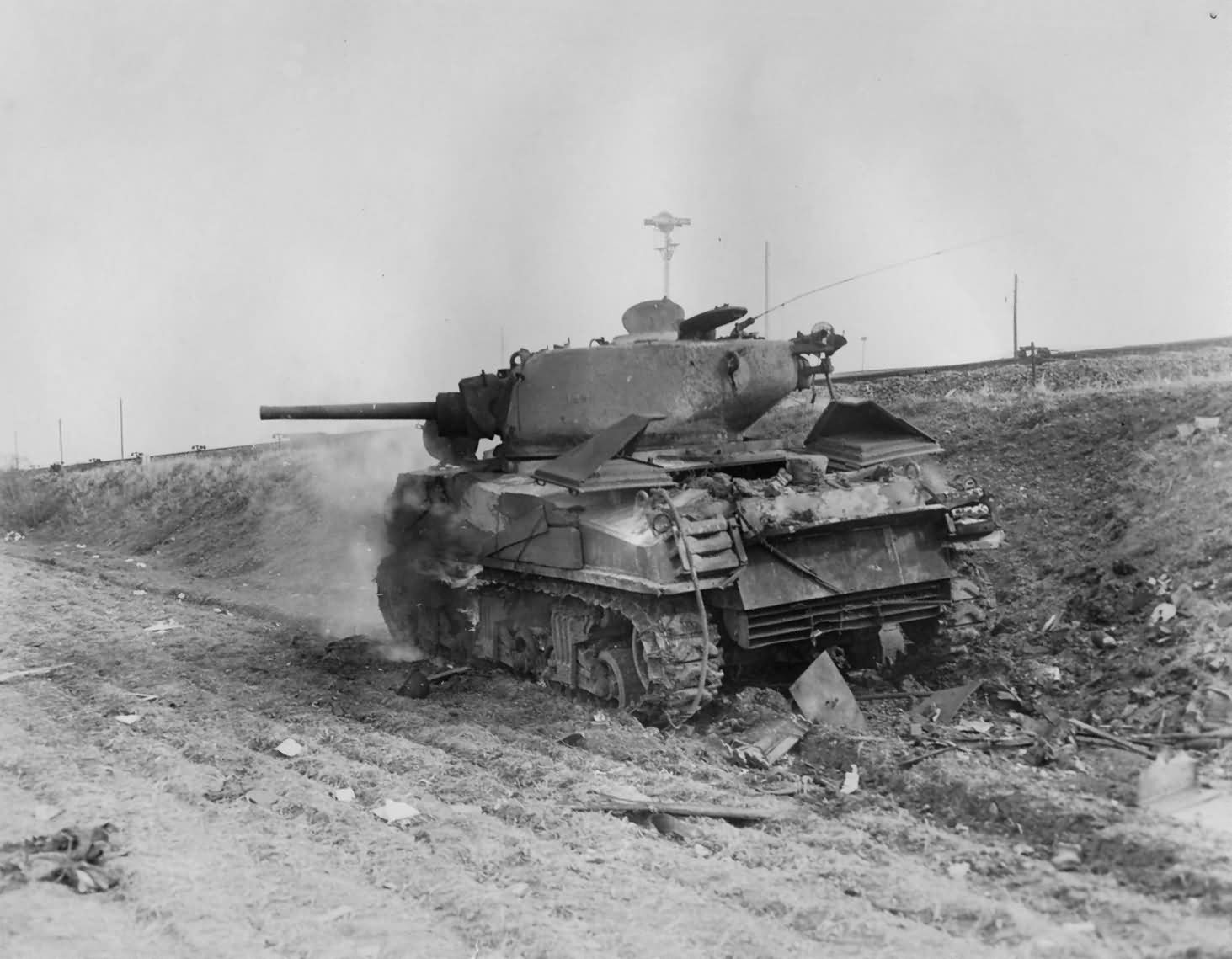 Burning_JUMBO_Sherman_Tank_1st_Armored_Division_February_1945